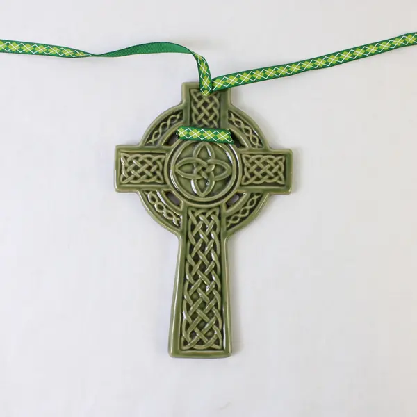 Pair Green Ceramic Celtic Cross Wall Hangings - Handmade Knotwork
