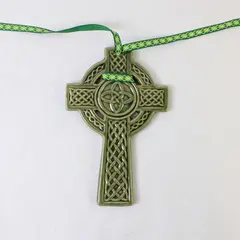 Pair Green Ceramic Celtic Cross Wall Hangings - Handmade Knotwork