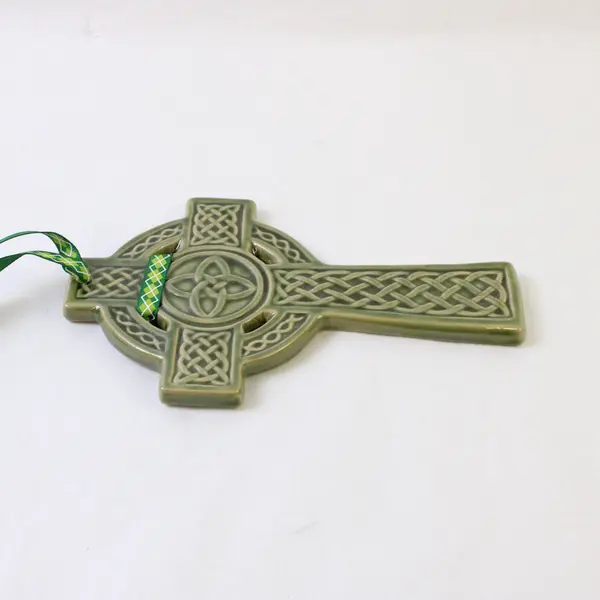 Pair Green Ceramic Celtic Cross Wall Hangings - Handmade Knotwork
