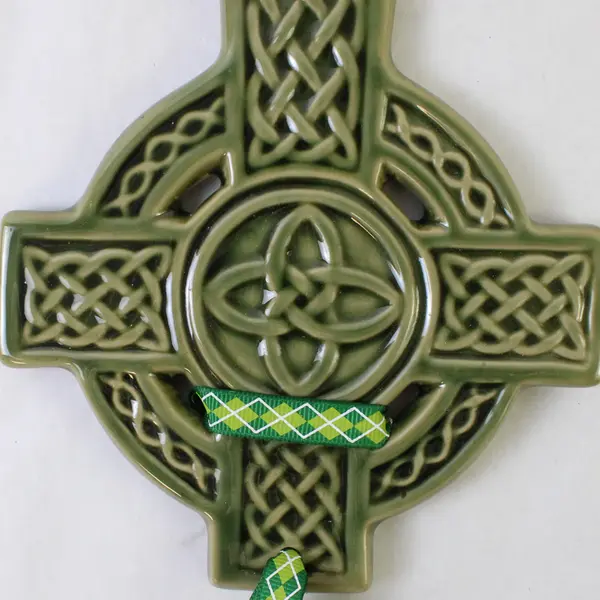 Pair Green Ceramic Celtic Cross Wall Hangings - Handmade Knotwork