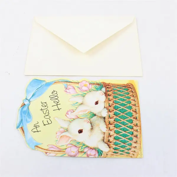 Vintage American Greetings Forget Me Not Bunnies in Basket Easter Card Unused