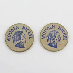 2 Vtg Wooden Nickels 70’s Chevron USA Ortho Chemical 1.5"