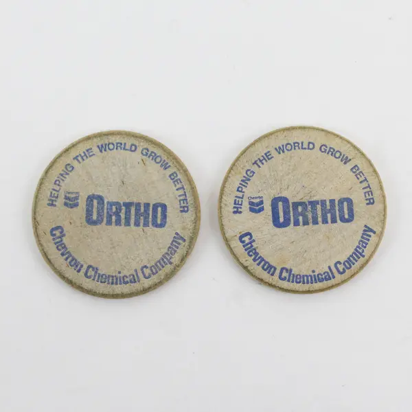 2 Vtg Wooden Nickels 70’s Chevron USA Ortho Chemical 1.5"
