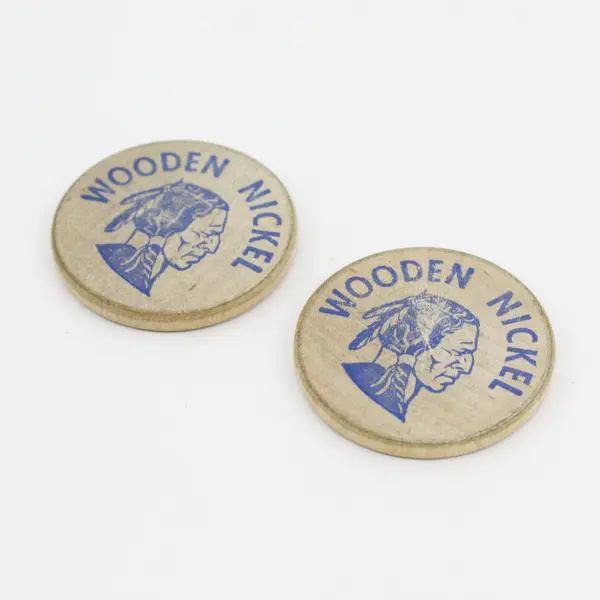 2 Vtg Wooden Nickels 70’s Chevron USA Ortho Chemical 1.5"