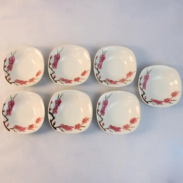 Set of 7 Vintage Metlox PoppyTrail Peach Blossom Square Dessert/Vegetable Bowls