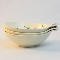 Set of 3 Vintage Metlox Poppy Trail Peach Blossom Lugged Soup Bowls Flaws