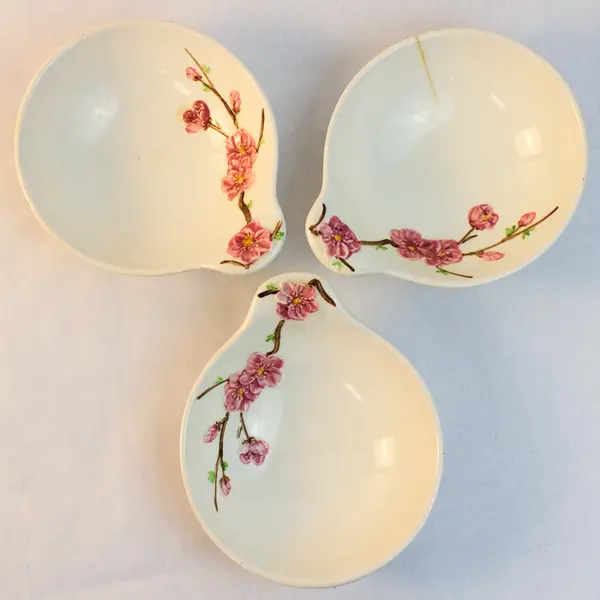 Set of 3 Vintage Metlox Poppy Trail Peach Blossom Lugged Soup Bowls Flaws