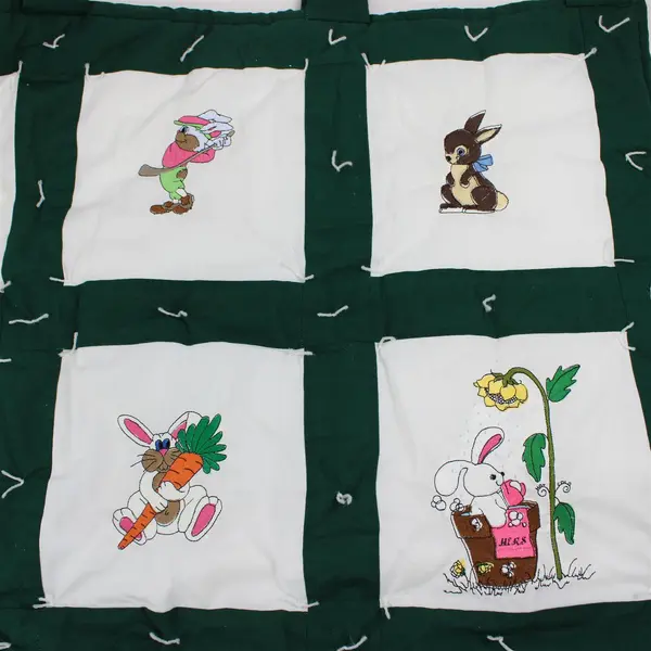 Handmade Green/White Bunny Embroidered Wall Hanging Quilt Decor 2003