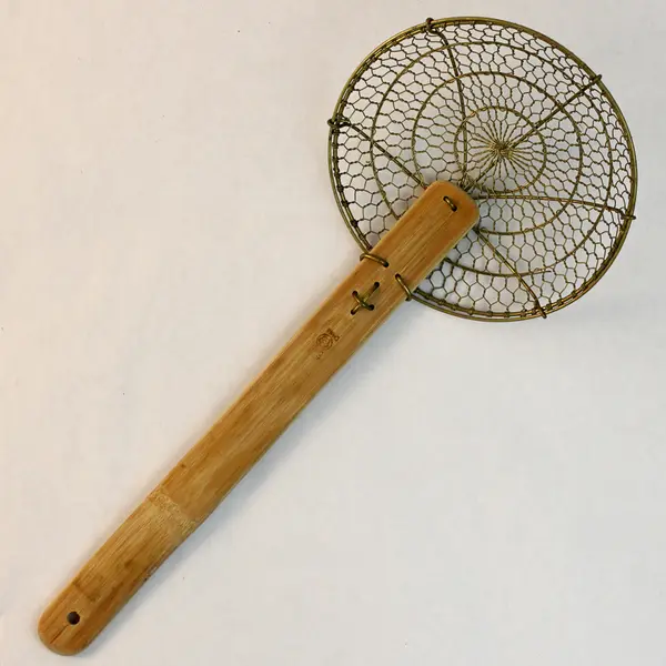 7" Round Brass Spider Strainer Bamboo Handle Used