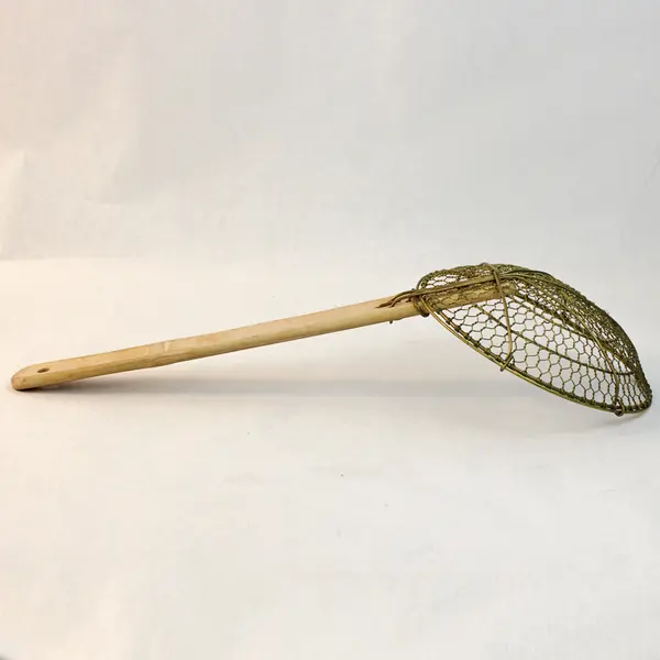 7" Round Brass Spider Strainer Bamboo Handle Used
