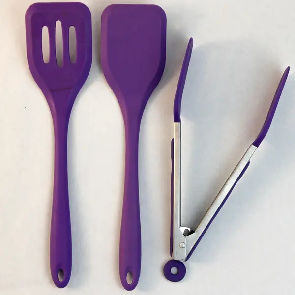 Lot of 3 Purple Silicone Kitchen Utensils 2 Spatulas & Tongs
