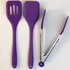 Lot of 3 Purple Silicone Kitchen Utensils 2 Spatulas & Tongs