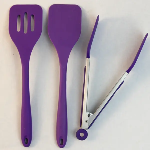 Lot of 3 Purple Silicone Kitchen Utensils 2 Spatulas & Tongs