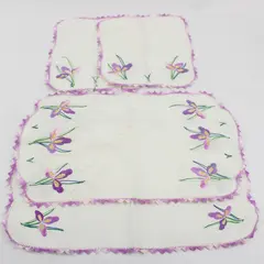 4 Pc Lot Vintage Purple Flower Embroidered White Placemats and Hot Pads Flawed