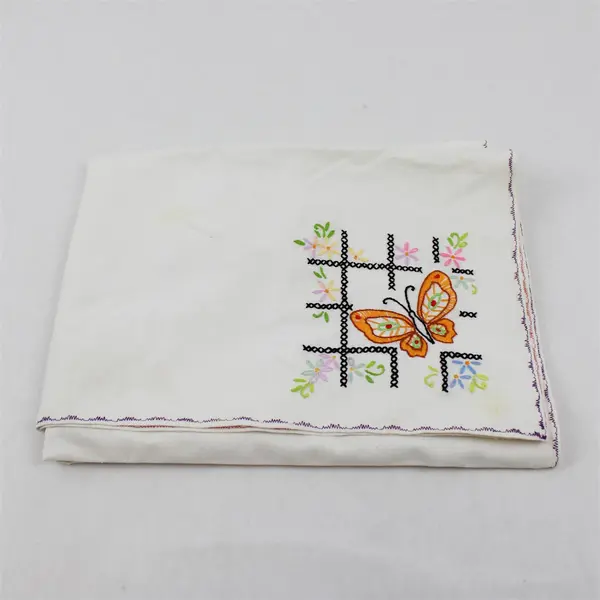 Vintage Floral Butterfly Embroidered Off-White Tablecloth 24" x 37" Flawed