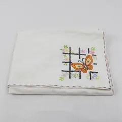 Vintage Floral Butterfly Embroidered Off-White Tablecloth 24" x 37" Flawed