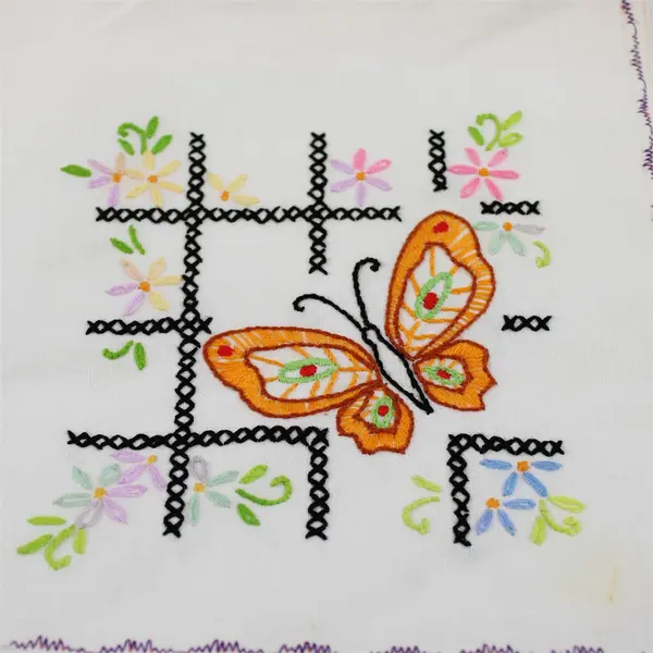 Vintage Floral Butterfly Embroidered Off-White Tablecloth 24" x 37" Flawed