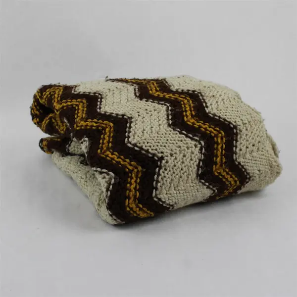 Vintage Handmade Beige Brown and Yellow Chevron Knit Throw Blanket 56" x 60"