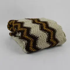 Vintage Handmade Beige Brown and Yellow Chevron Knit Throw Blanket 56" x 60"