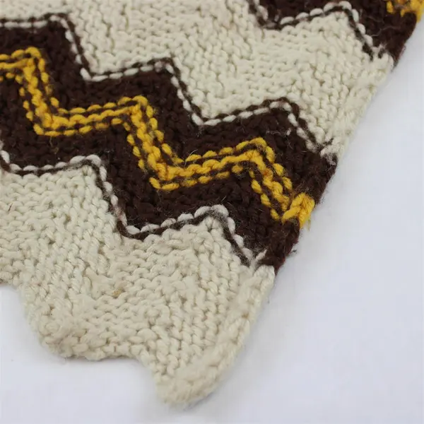 Vintage Handmade Beige Brown and Yellow Chevron Knit Throw Blanket 56" x 60"