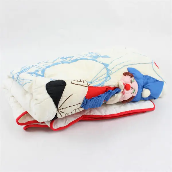Vintage Embroidered Applique Clown Kids' Quilted Bedspread 32" x 53" Flawed
