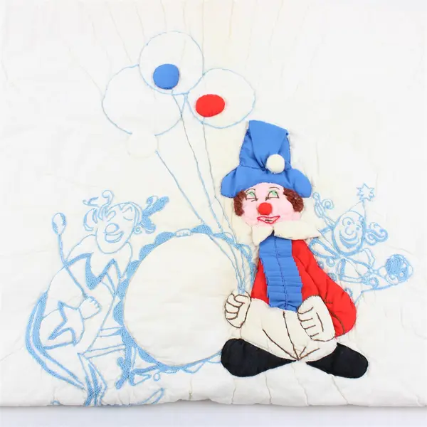 Vintage Embroidered Applique Clown Kids' Quilted Bedspread 32" x 53" Flawed