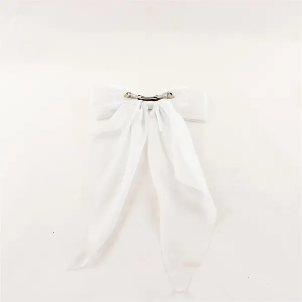 Handmade White Oversized Hair Bow Spring Clip Large Ribbon with Long Tails