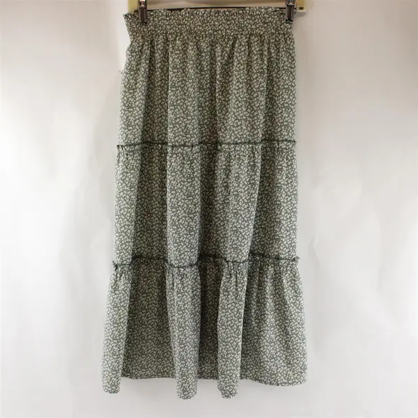 Very J Women's S Floral Green & White Tiered Elastic Waistband Maxi Skirt