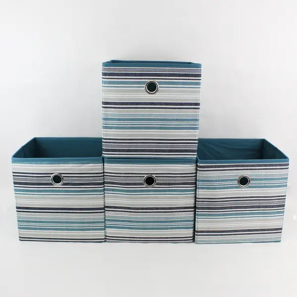 Set of 4 Blue Gray and White Striped Collapsible Organizer Bins 10" x 10" x 10"