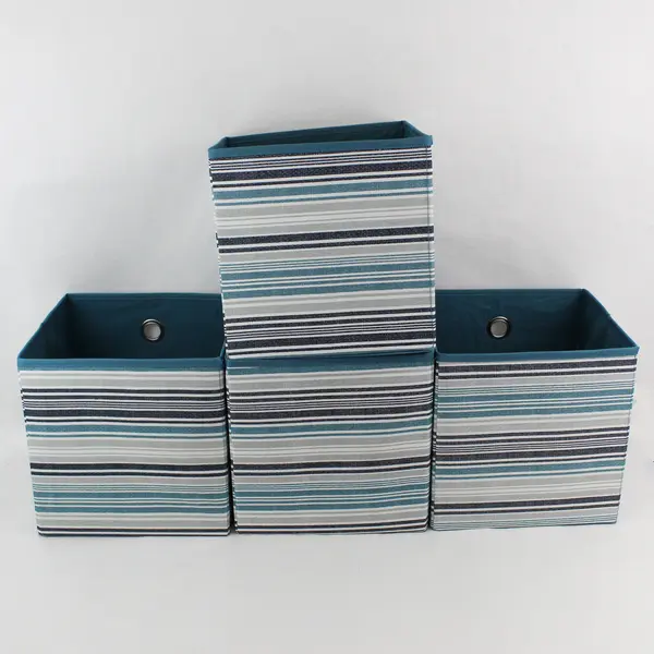 Set of 4 Blue Gray and White Striped Collapsible Organizer Bins 10" x 10" x 10"