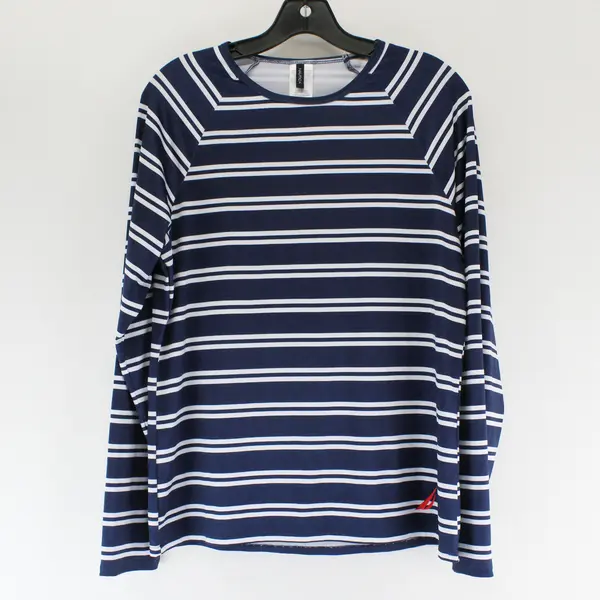 Nautica Navy Blue and White Striped Long-Sleeved Swim Shirt Women's Large