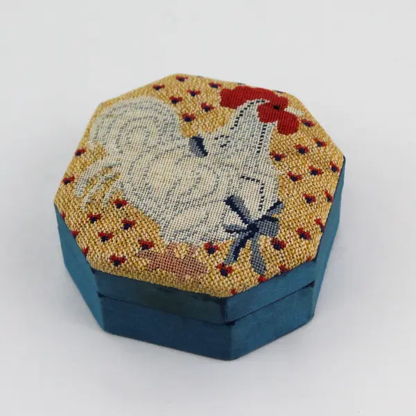 Vintage Hand Stitched Needle Work Trinket Box Blue Rooster Octagon Container