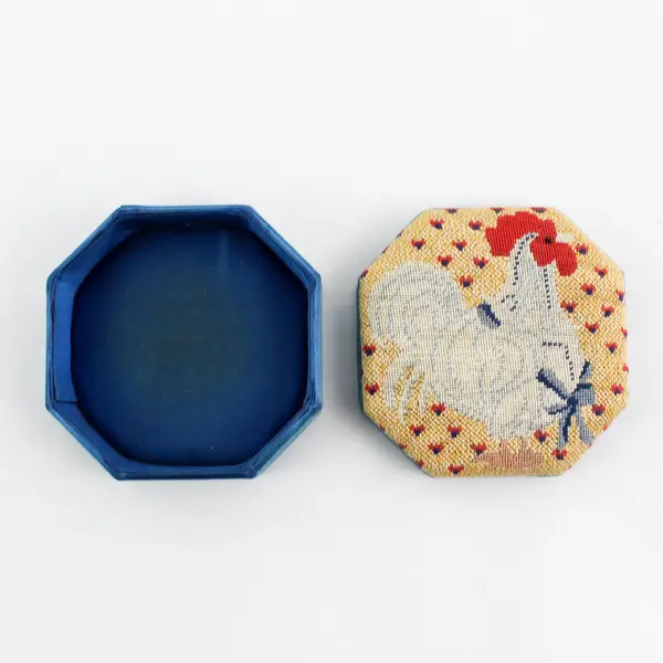 Vintage Hand Stitched Needle Work Trinket Box Blue Rooster Octagon Container