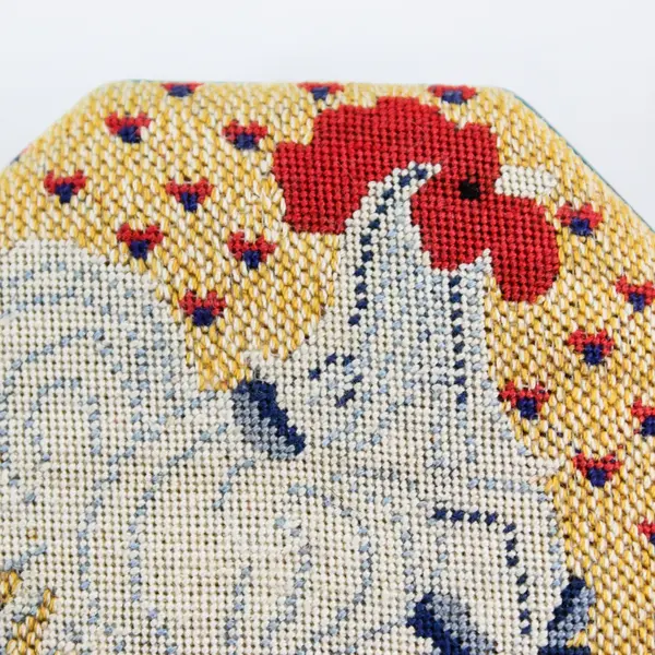 Vintage Hand Stitched Needle Work Trinket Box Blue Rooster Octagon Container