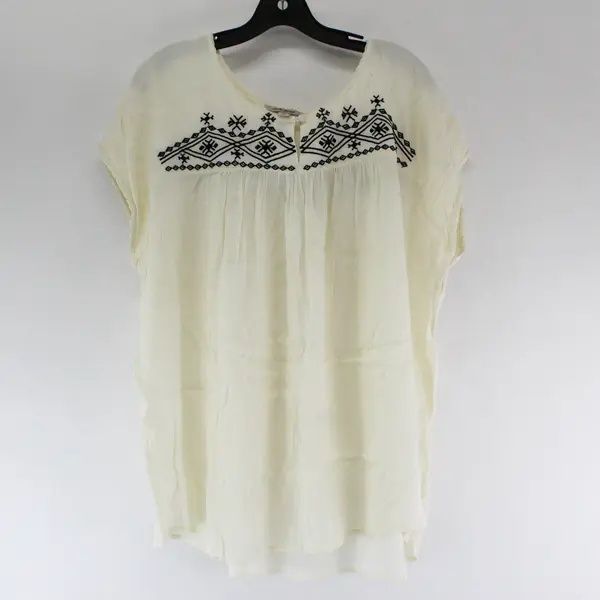 Lucky Brand White W/ Black Embroidery Short Sleeve Blouse 100% Rayon Women's XL
