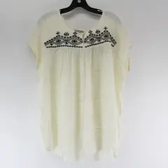 Lucky Brand White W/ Black Embroidery Short Sleeve Blouse 100% Rayon Women's XL