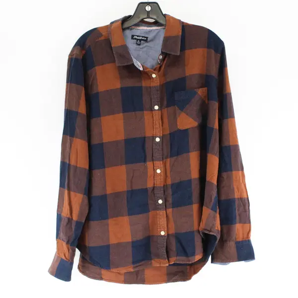 Flag & Anthem Dark Blue & Brown Gingham Long Sleeve Button Up Snaps Women's XL