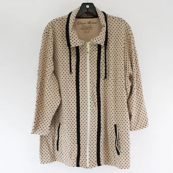 Onque Woman Beige 3/4-Sleeve Zip-Up Jacket Black Polka Dots Women's 2X