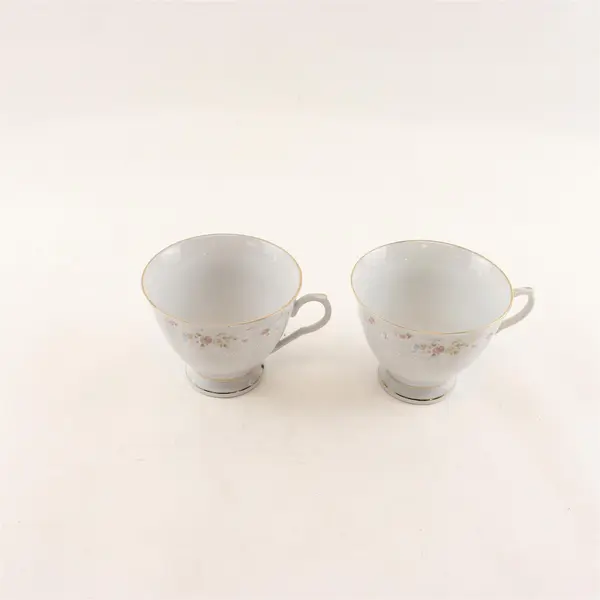 Set of 2 Vintage White Porcelain Teacups Pink Yellow Blue Floral Gold Trim