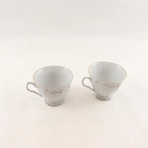 Set of 2 Vintage White Porcelain Teacups Pink Yellow Blue Floral Gold Trim