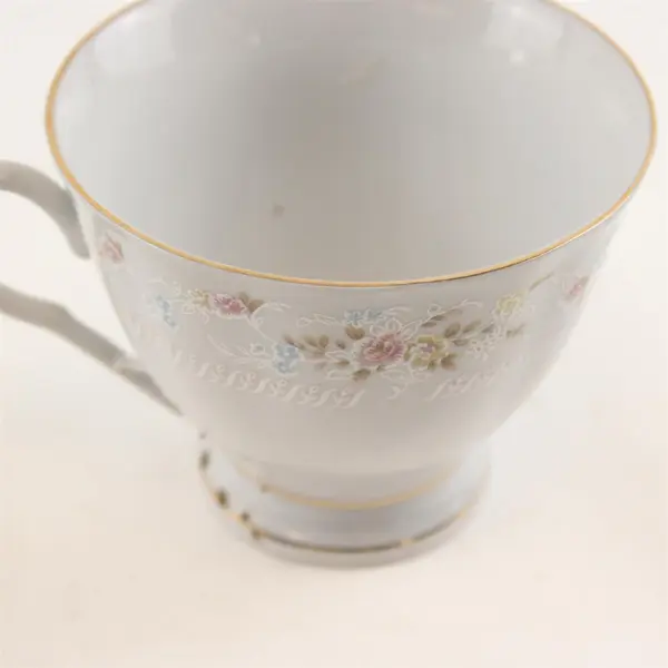 Set of 2 Vintage White Porcelain Teacups Pink Yellow Blue Floral Gold Trim