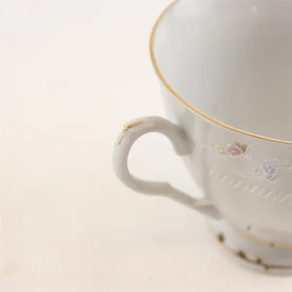 Set of 2 Vintage White Porcelain Teacups Pink Yellow Blue Floral Gold Trim