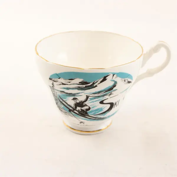 Vintage Winston Bone China Timberline Lodge Ski Souvenir Teacup, Gold Trim