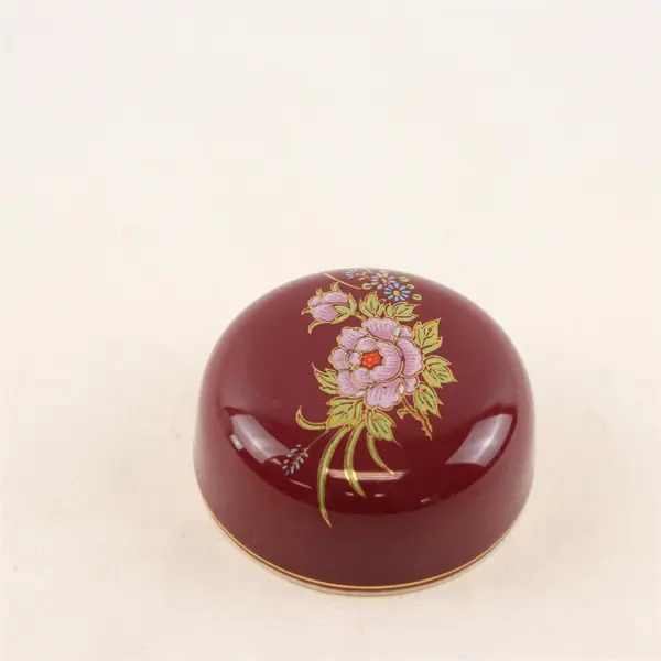Maroon Porcelain Jar Lid Pink Peony Gold Accents - Lid Only