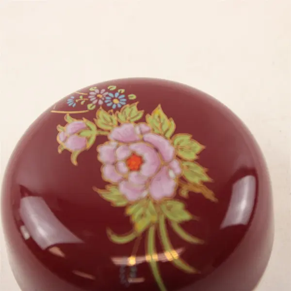 Maroon Porcelain Jar Lid Pink Peony Gold Accents - Lid Only