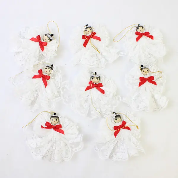 Set of 8 White Lace Angel Ornaments with Red Ribbon