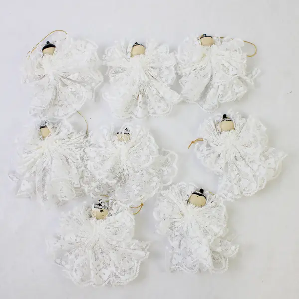 Set of 8 White Lace Angel Ornaments with Red Ribbon