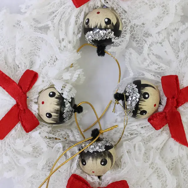 Set of 8 White Lace Angel Ornaments with Red Ribbon