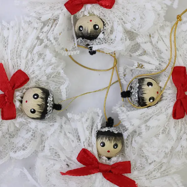 Set of 8 White Lace Angel Ornaments with Red Ribbon