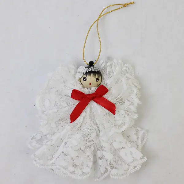 Set of 8 White Lace Angel Ornaments with Red Ribbon